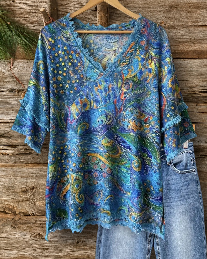 Tassels Trim Tiered Sleeve Blouse