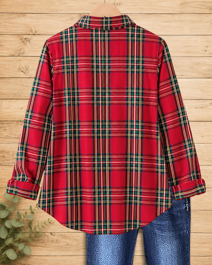 Plaid Button Front Long Sleeve Curved Hem Casual Shirt