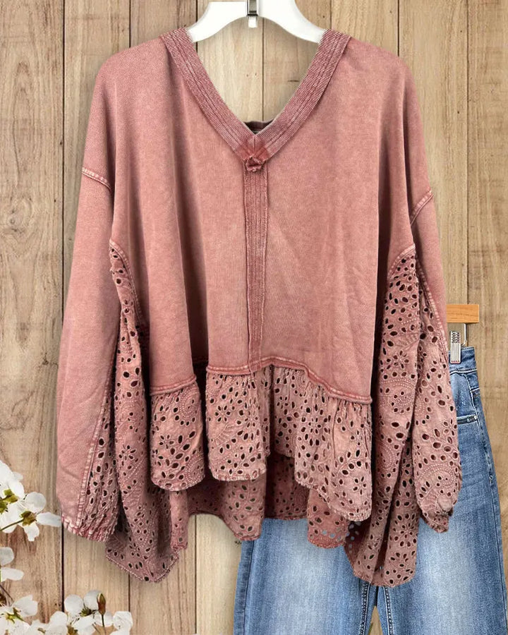 V Neck Eyelet Lace Ruffle Hem Long Sleeve Playful Blouse