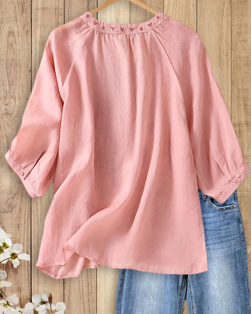 Floral Embroidered V Neck 3/4 Sleeve Loose Casual Blouse