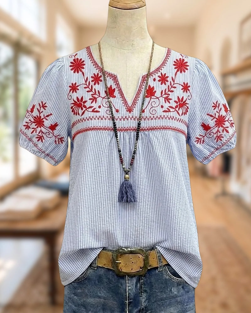 Striped Floral Embroidered V Neck Puff Sleeve Blouse