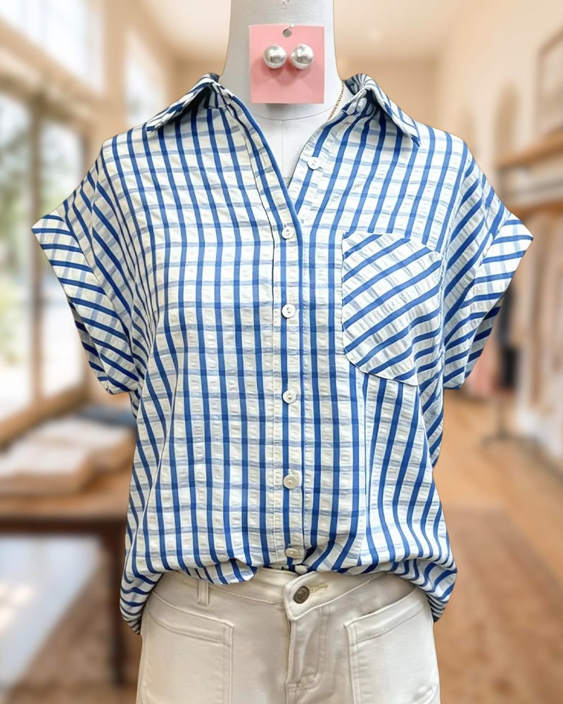 Plaid Collared Button Front Chest Pocket Cap Sleeve Shirt