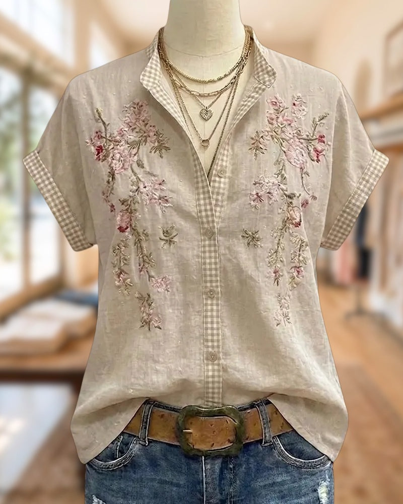 Floral Embroidery Gingham Trim Mandarin Collar Short Sleeve Blouse