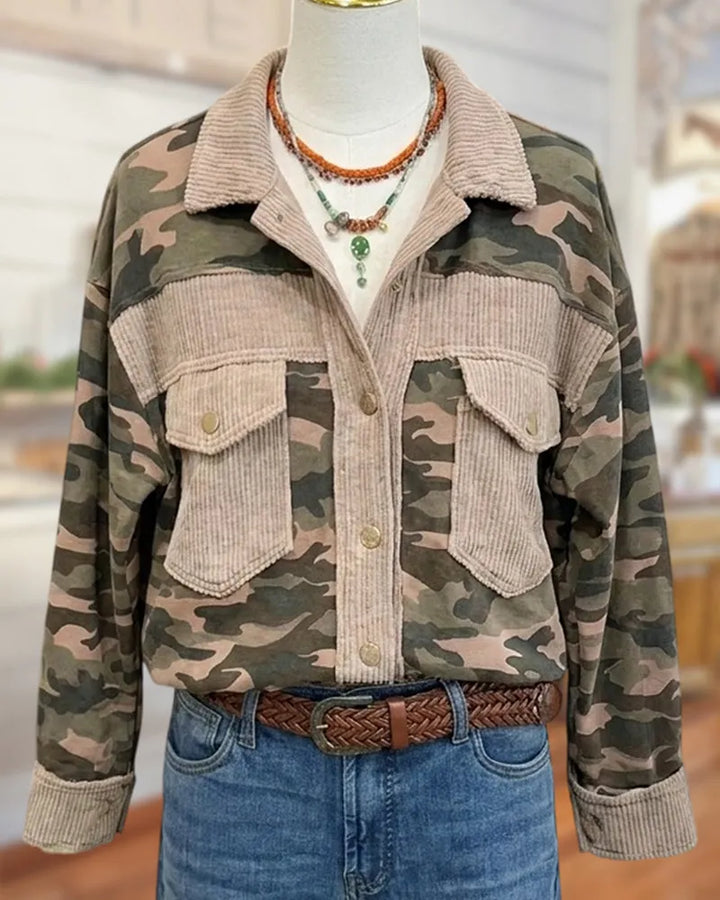 Camouflage Corduroy Contrast Flap Pocket Casual Jacket