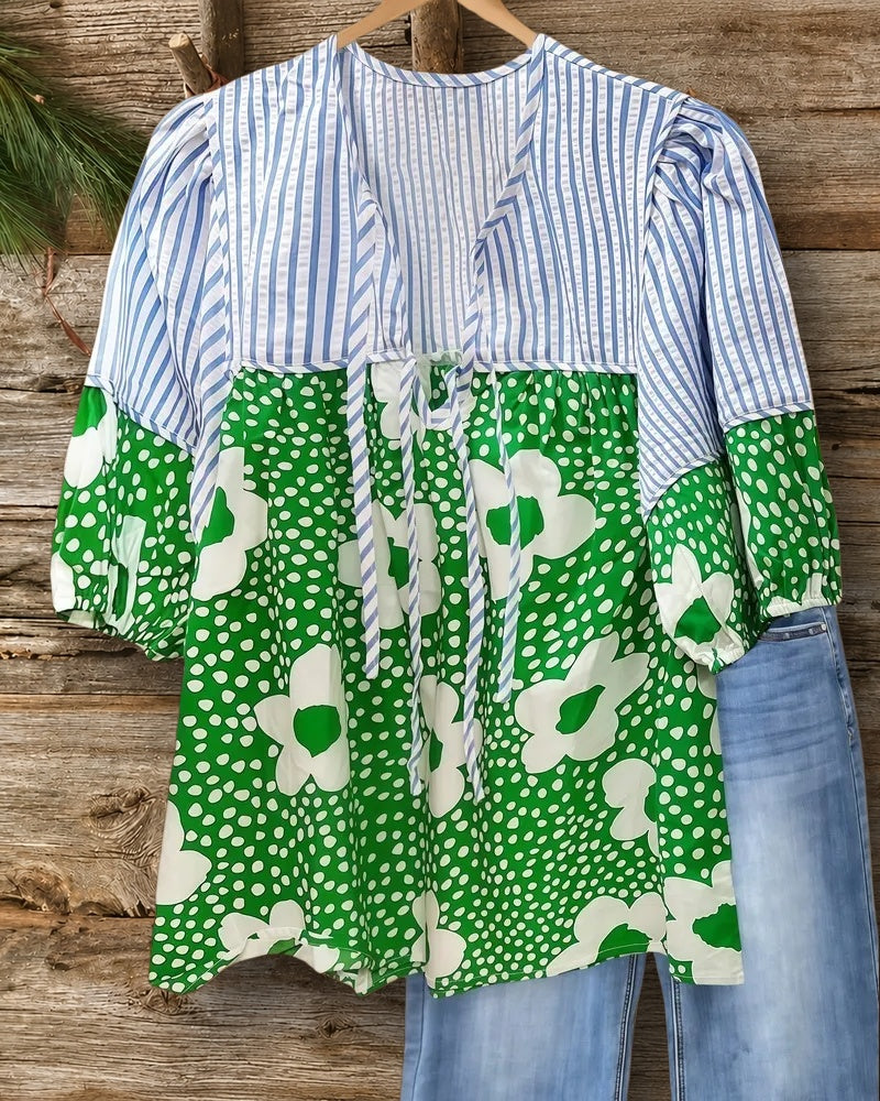 Striped & Floral Print Cozy Tie Neck T-Shirt