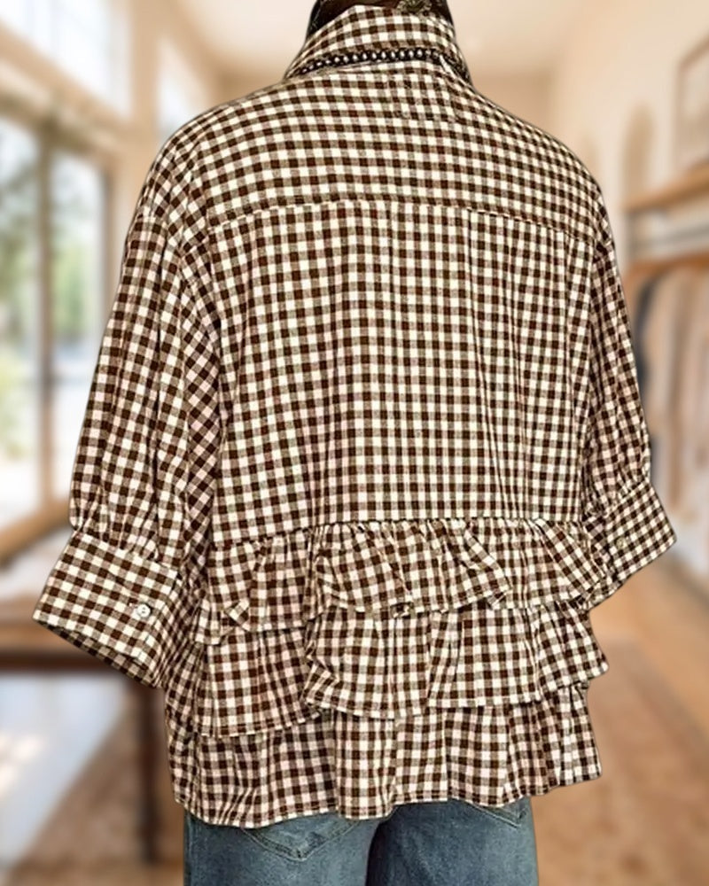Plaid Collared Oversized 3/4 Sleeve Chest Pocket Casual Shirt