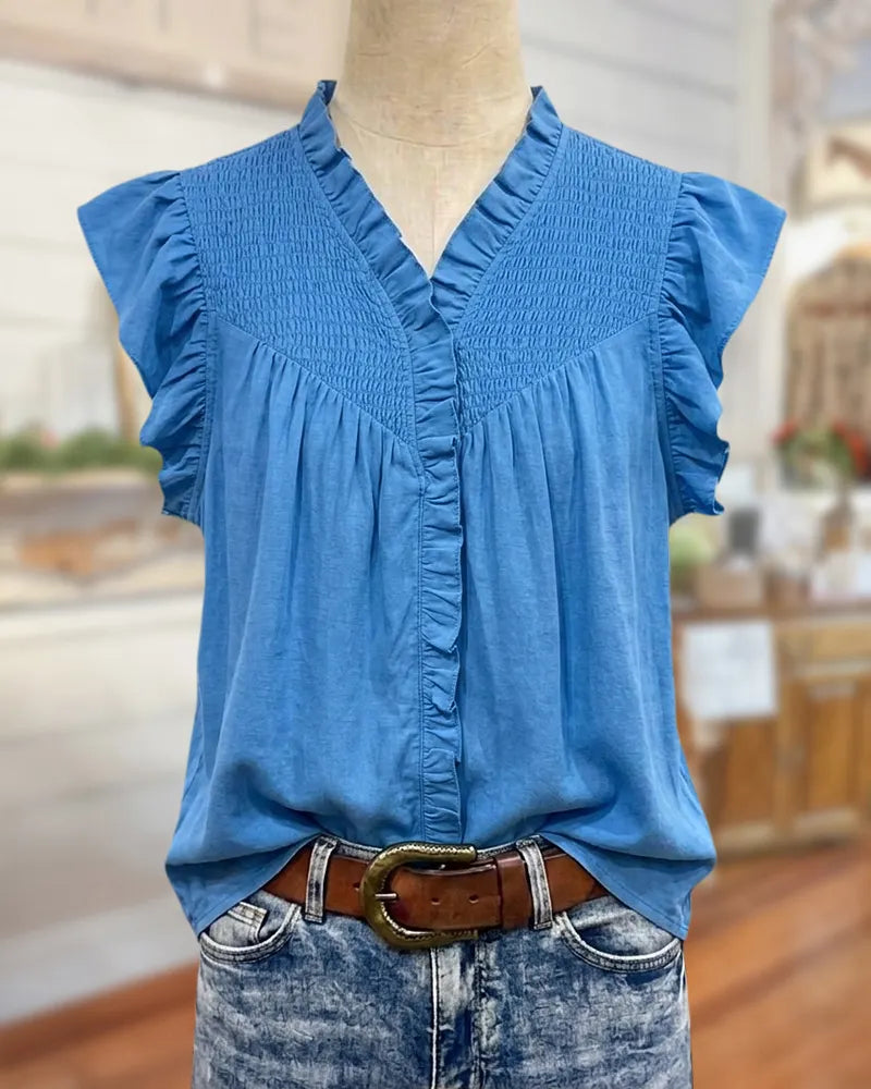 Ruffle Trim V Neck Smocked Flutter Sleeve Casual Blouse