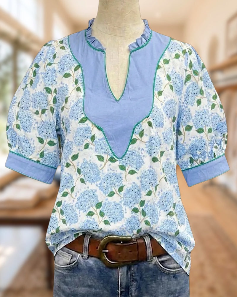 Floral Print Ruffle Trim Puff Sleeve Contrast Yoke Casual Blouse