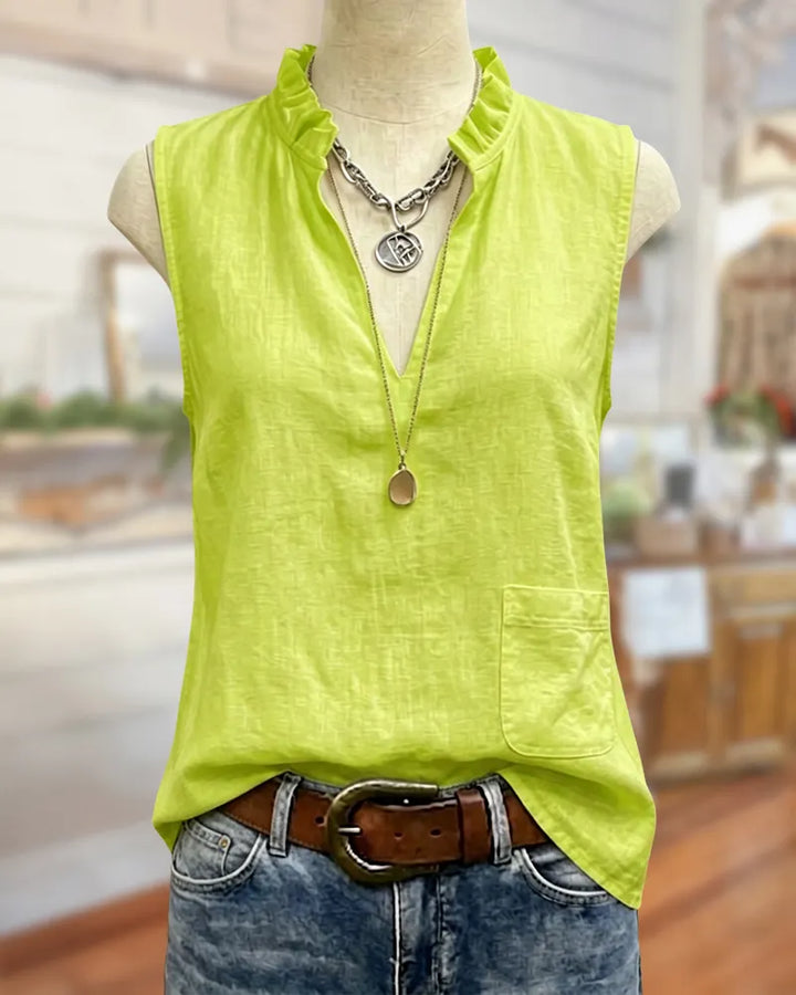 Ruffled Collar V Neck Sleeveless Patch Pocket Blouse