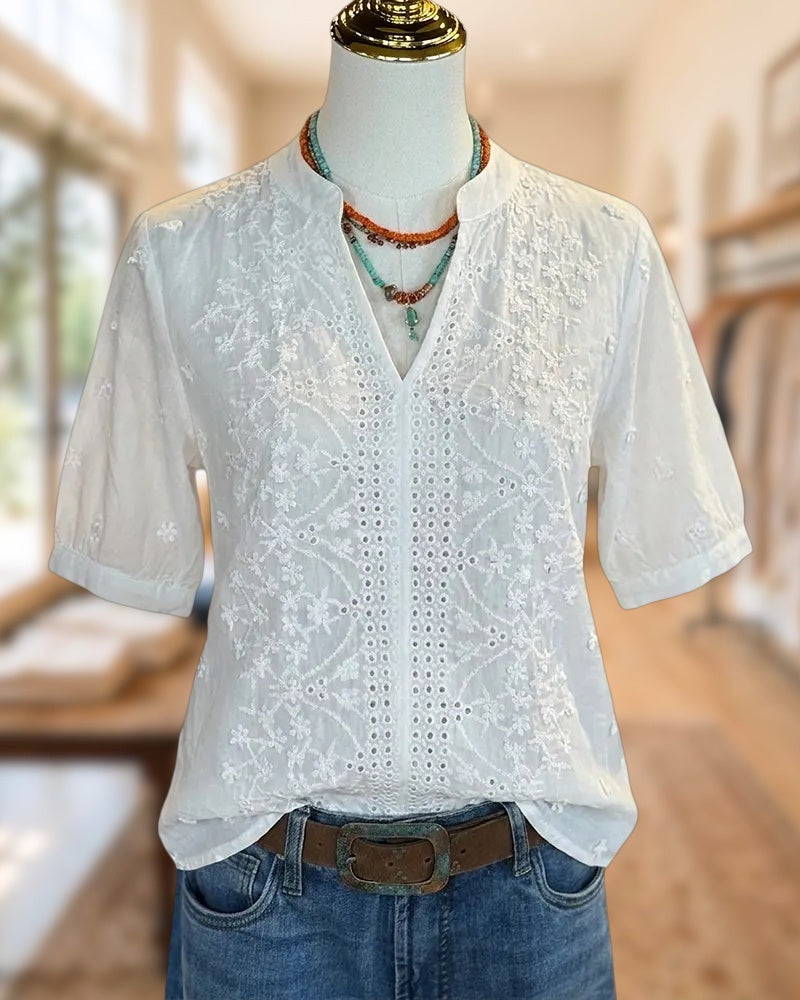 Embroidered Eyelet V Neck Short Sleeve Relaxed Fit Blouse