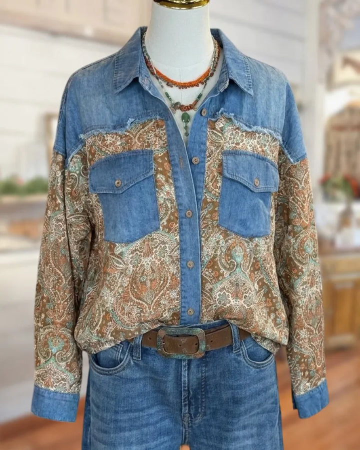 Paisley Patchwork Button Front Denim Shirt With Chest Pockets