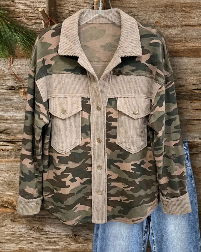 Camouflage Corduroy Contrast Flap Pocket Casual Jacket