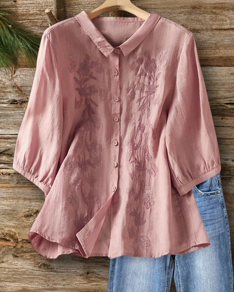 Embroidered Button Up Collared 3/4 Sleeve Loose Casual Blouse