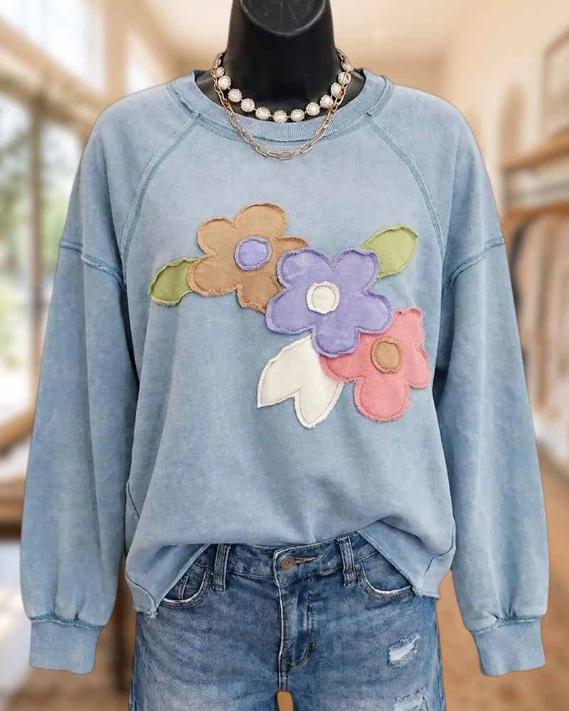 Flower Applique Long Sleeve Crew Neck Casual Sweatshirt