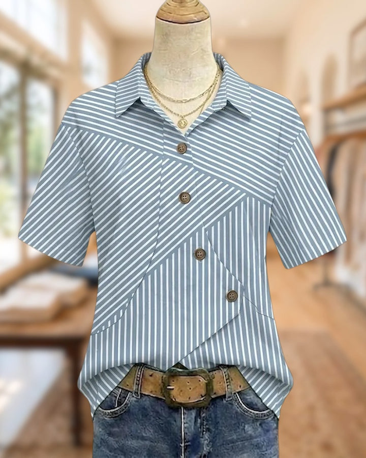 Striped Asymmetrical Placket Collared Short Sleeve Shirt