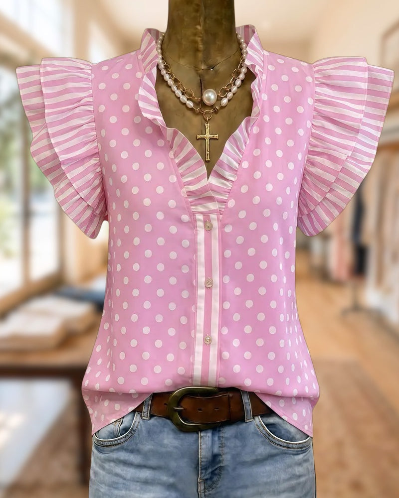 Polka Dot & Striped Ruffle Sleeve V Neck Button Front Blouse