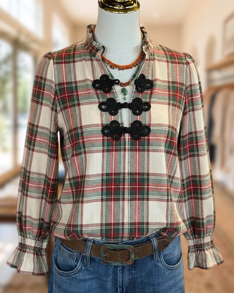 Plaid Frog Closure Ruffled Trim Blouse
