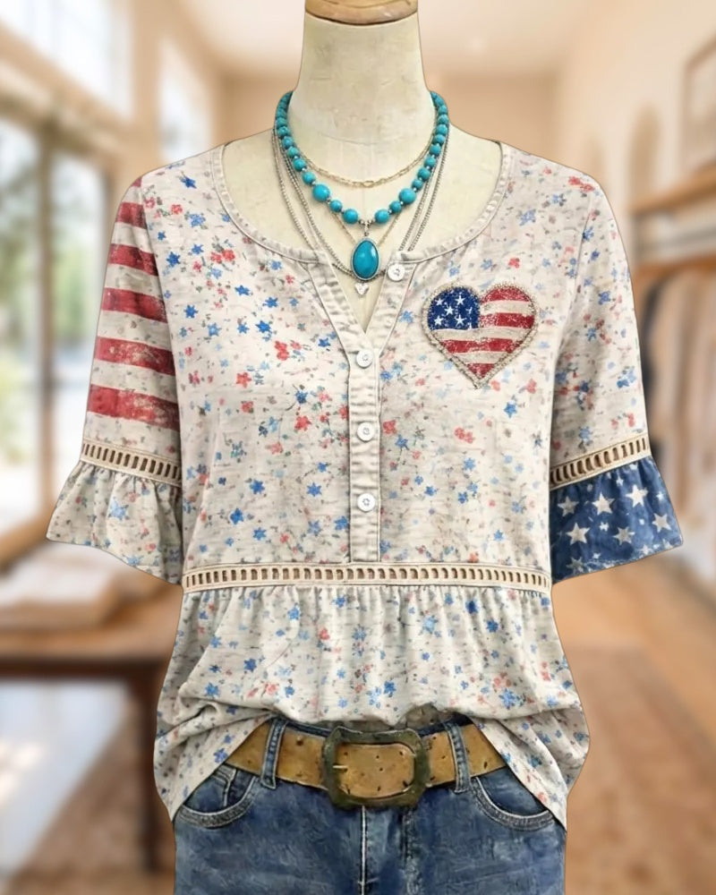 Flag-inspired Print Lacy Insert Festive Ruffle Sleeve Blouse