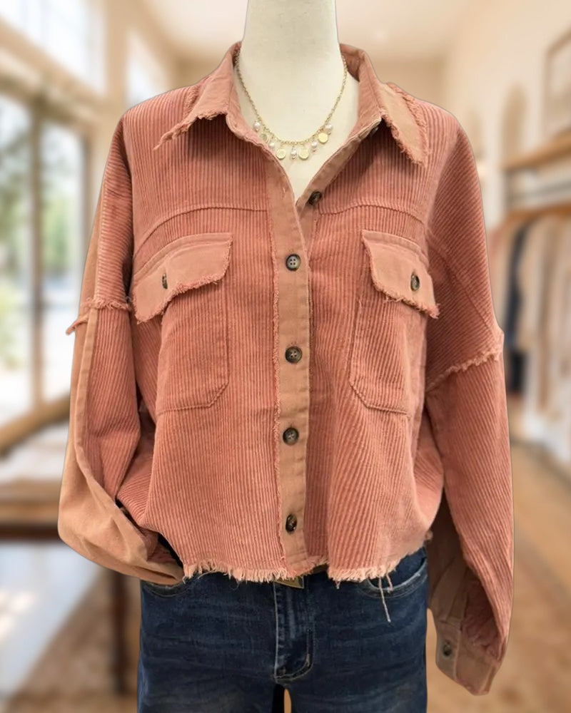 Frayed Edge Solid Color Button Down Pocket Shacket