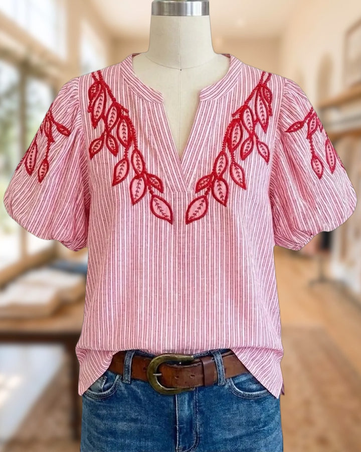 Striped Leaf Embroidery Puff Sleeve V Neck Casual Blouse