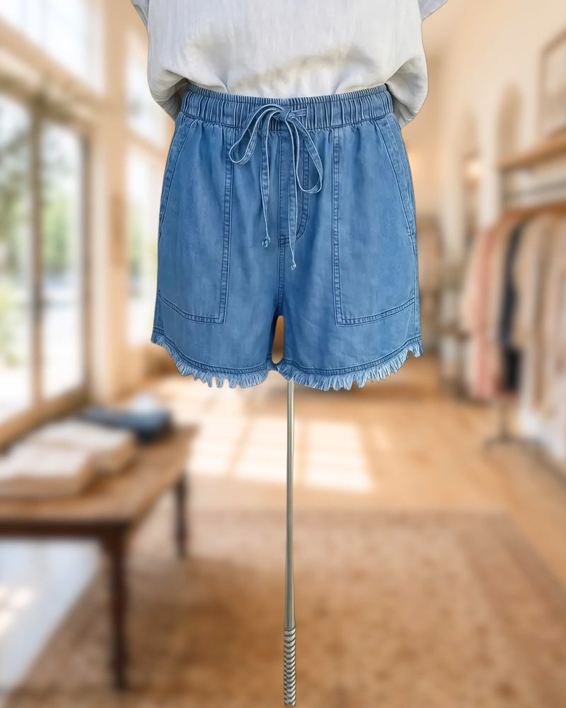 Solid Color Denim Casual Drawstring Frayed Shorts