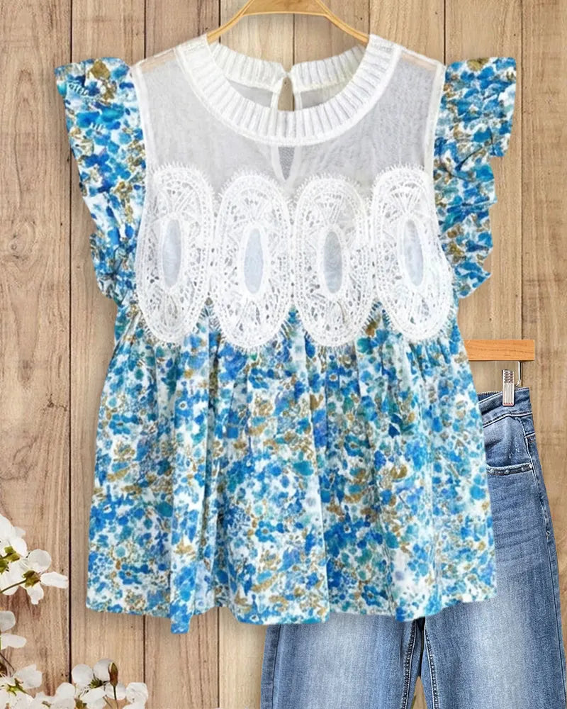 Lace Applique Ruffle Sleeve Mesh Yoke Crew Neck Flowy Blouse