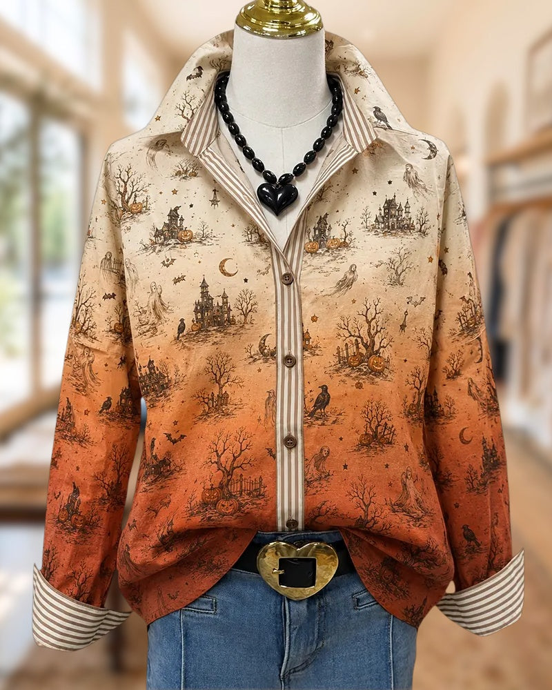 Halloween Print Contrast Striped Trim Button Front Collared Shirt