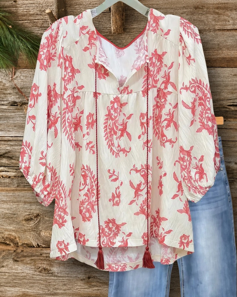 Paisley Print Boho Tie Neck Puff Sleeve Blouse