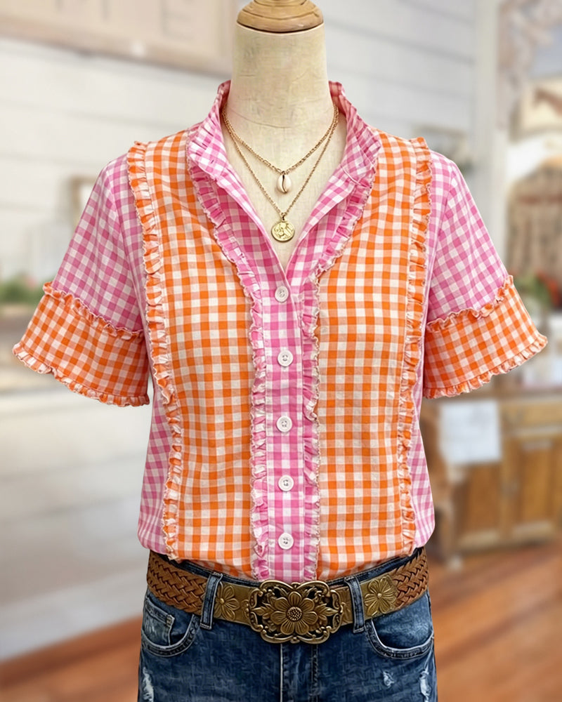 Ruffled Trim Plaid Button Front V Neck Short Sleeve Blouse