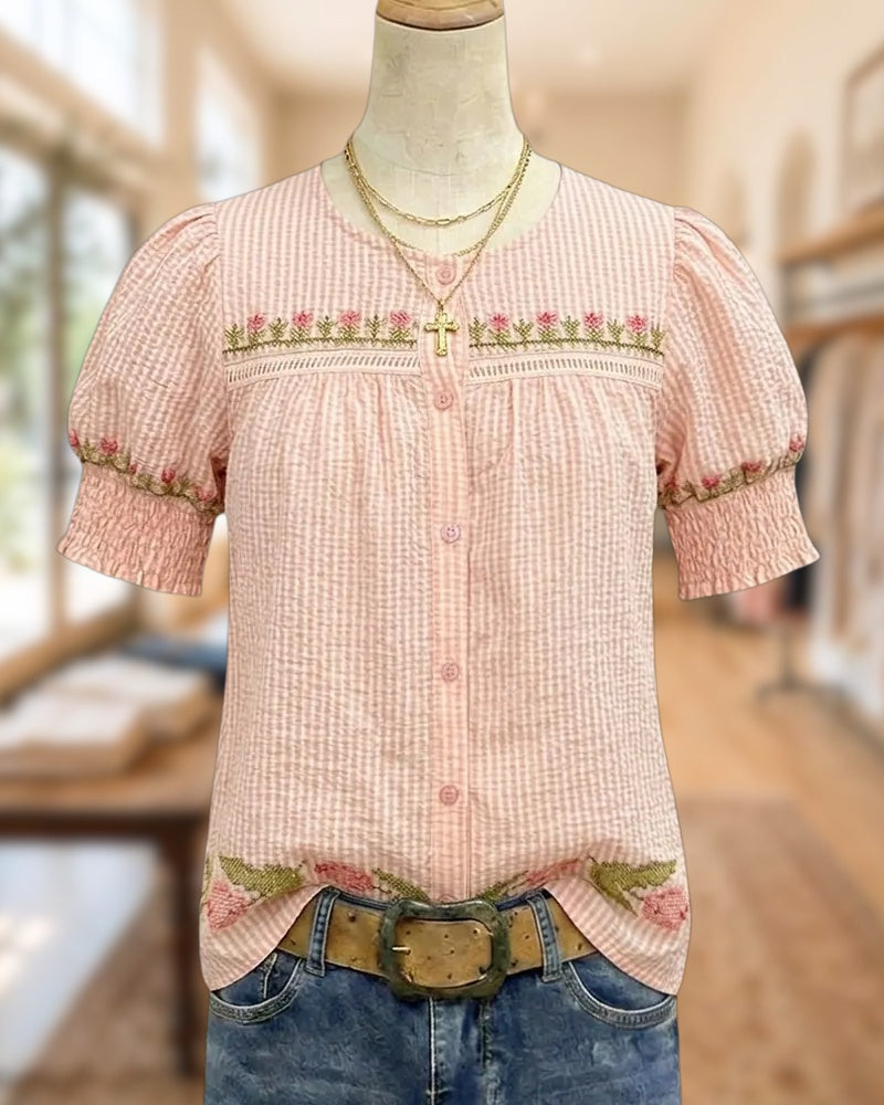 Floral Embroidery Puff Sleeve Round Neck Button Front Blouse