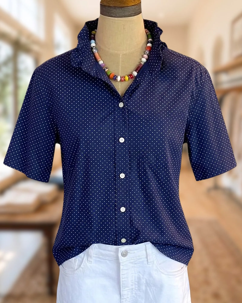 Polka Dot Ruffled Collar Short Sleeve Button Down Shirt
