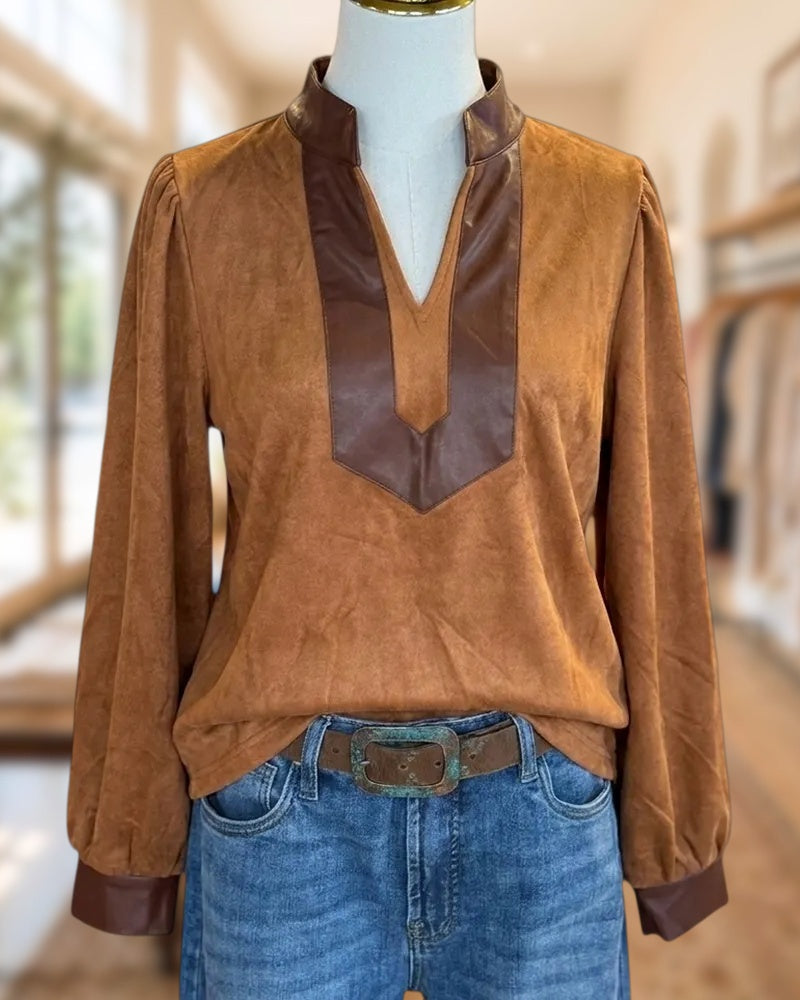 Stand Collar Contrast Trim V Neck Puff Sleeve Suede Blouse
