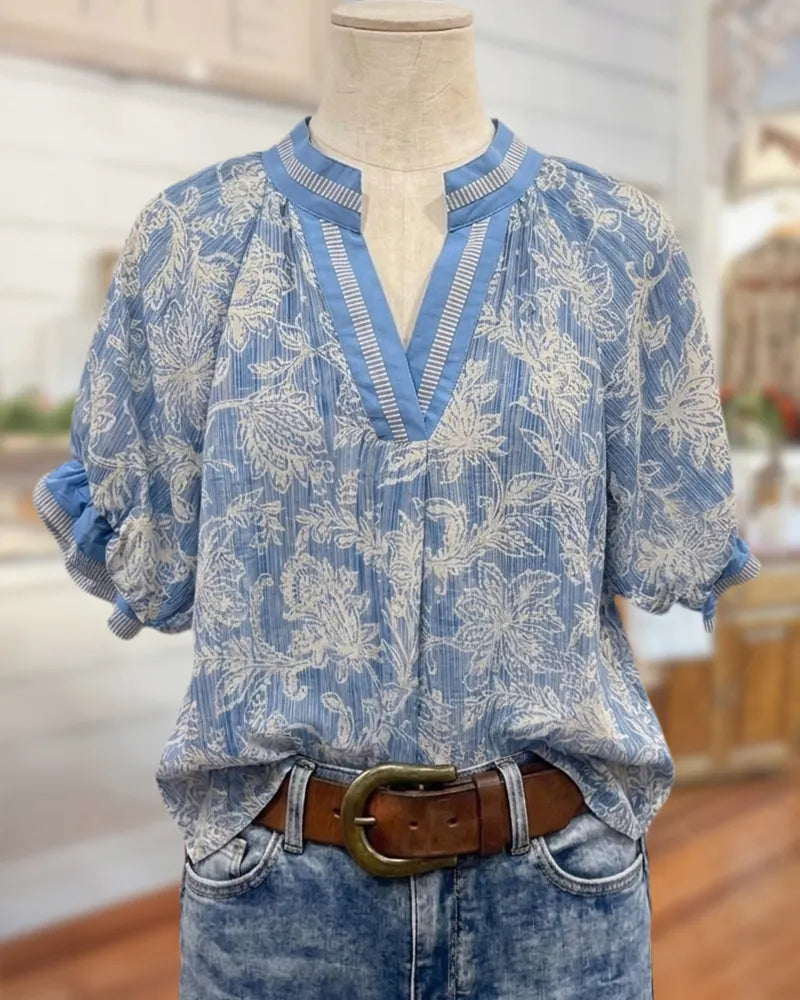Floral Print V Neck Puff Sleeve Loose Casual Blouse