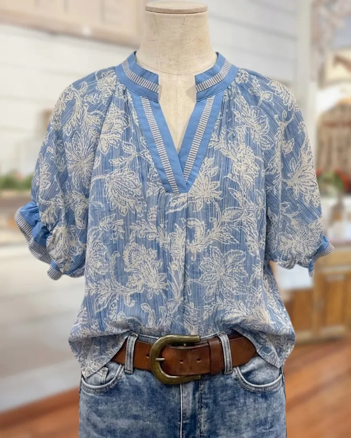 Floral Print V Neck Puff Sleeve Loose Casual Blouse