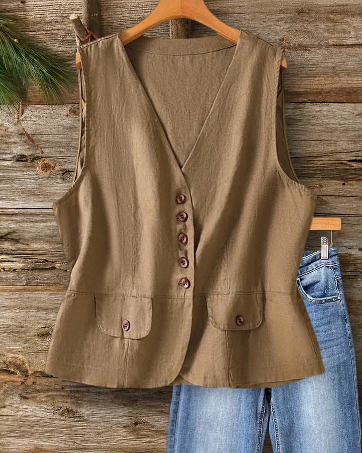 V Neck Button Front Flap Pocket Sleeveless Casual Waistcoat