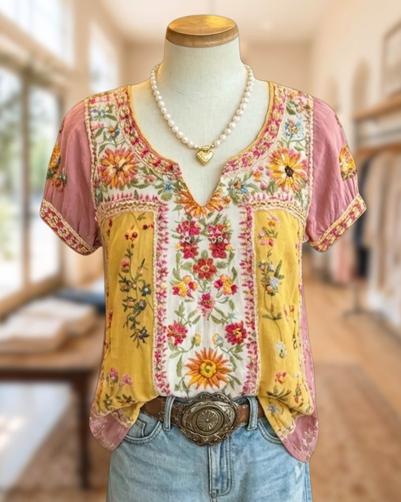 Floral Print Ethnic V Neck Blouse
