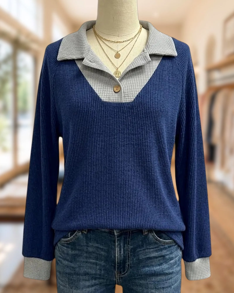 Contrast Trim Collared Long Sleeve Ribbed Knit Pullover Sweatshirt