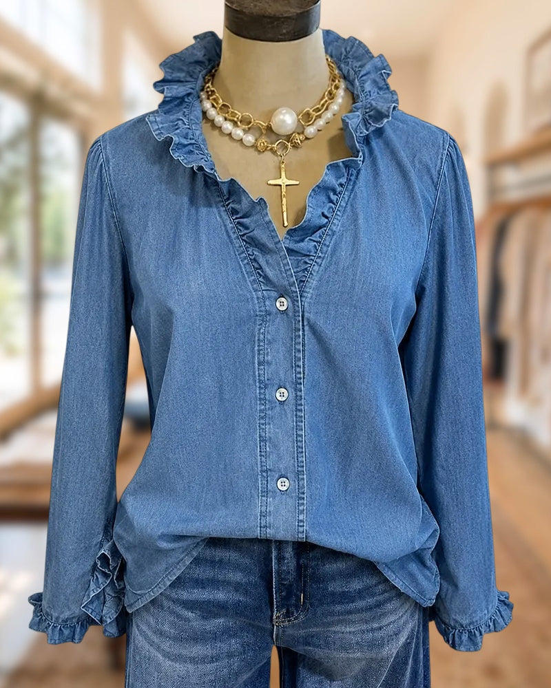 Ruffled Trim V Neck Button Down Long Sleeve Elegant Blouse