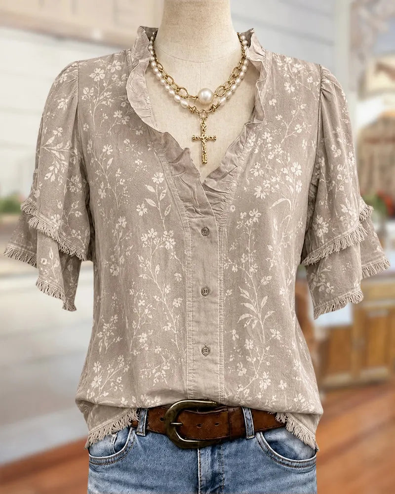 Ruffled Trim Tiered Sleeve Blouse