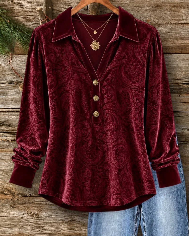 Vintage Paisley Print Velvet Blouse