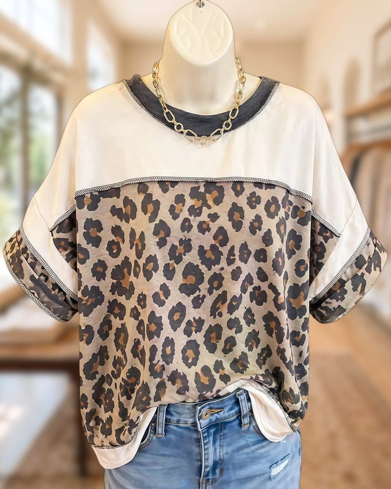 Leopard Print Contrast Stitch Loose Crew Neck Short Sleeve Tee