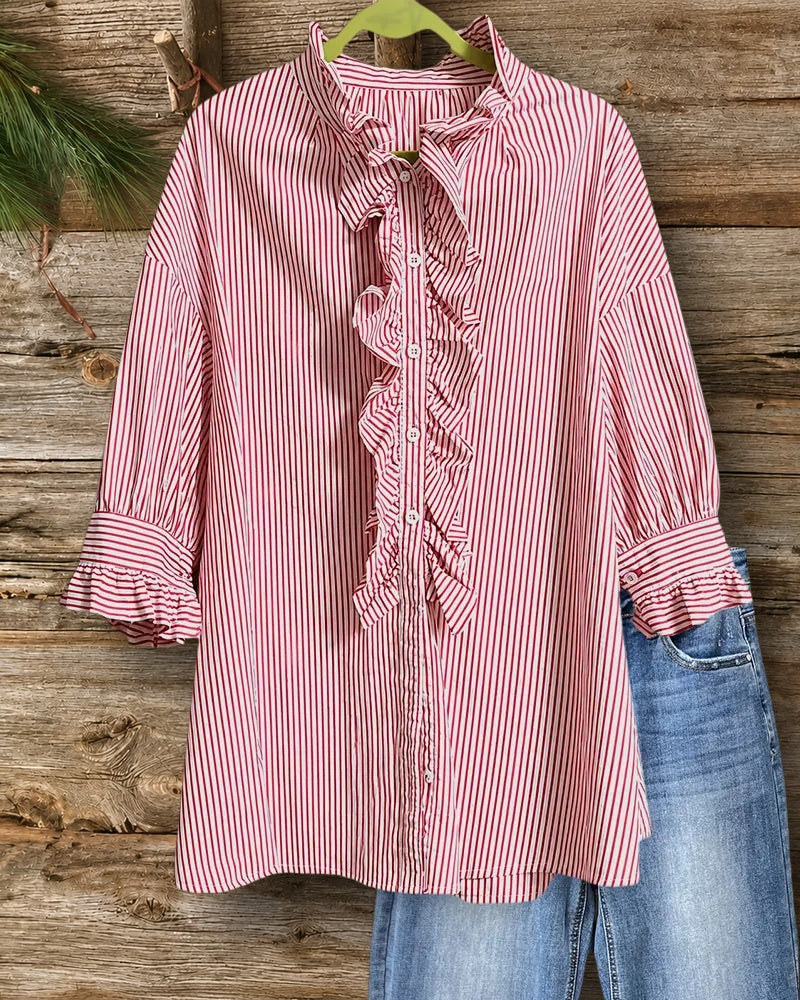 Ruffled Placket Striped 3/4 Sleeve Casual Button Down Blouse