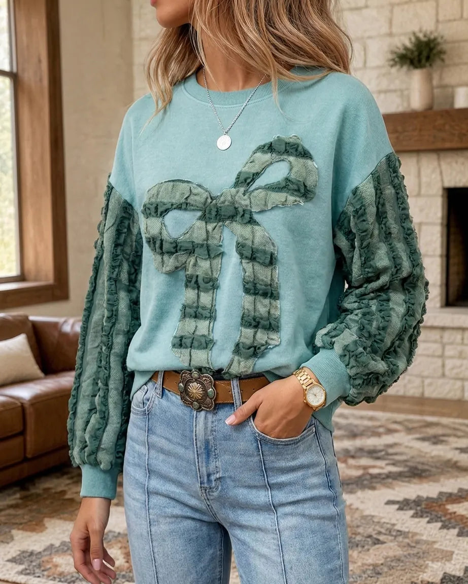 Ruffle Sleeve Bow Applique Crew Neck Loose Casual Sweatshirt