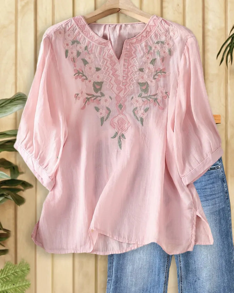 Embroidered Split Neck 3/4 Sleeve Side Slit Loose Blouse