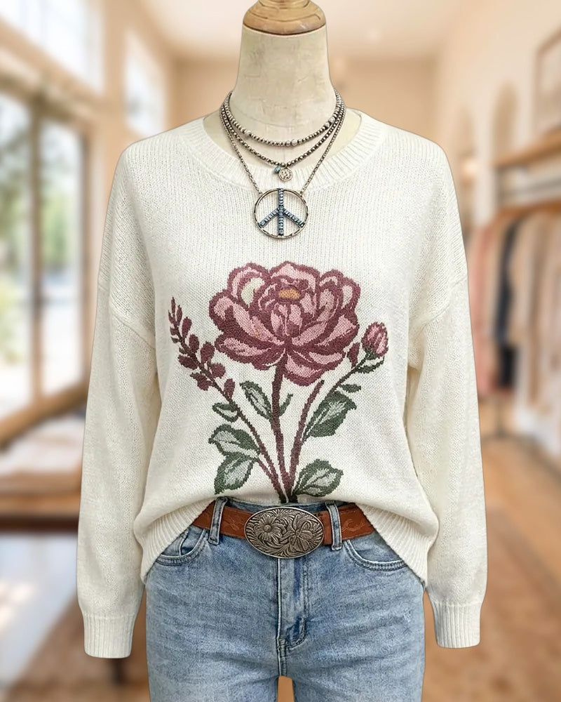Floral Print Crew Neck Cozy Sweater