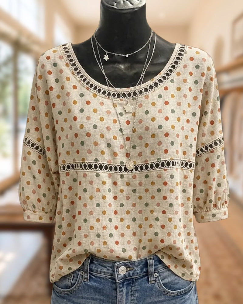 Polka Dot Lace Trim 3/4 Sleeve Loose Casual Blouse