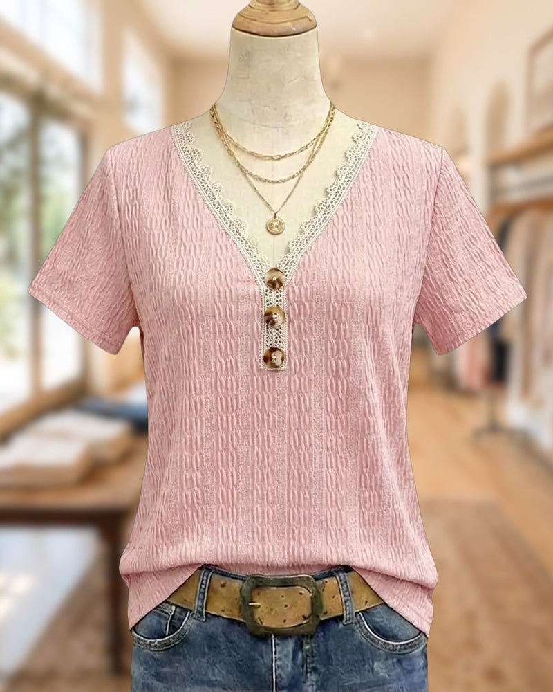 Lace Trim V Neck Textured Button Accent Short Sleeve Blouse
