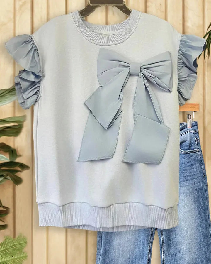Solid Color Bow Decor Playful Ruffle Sleeve T-Shirt