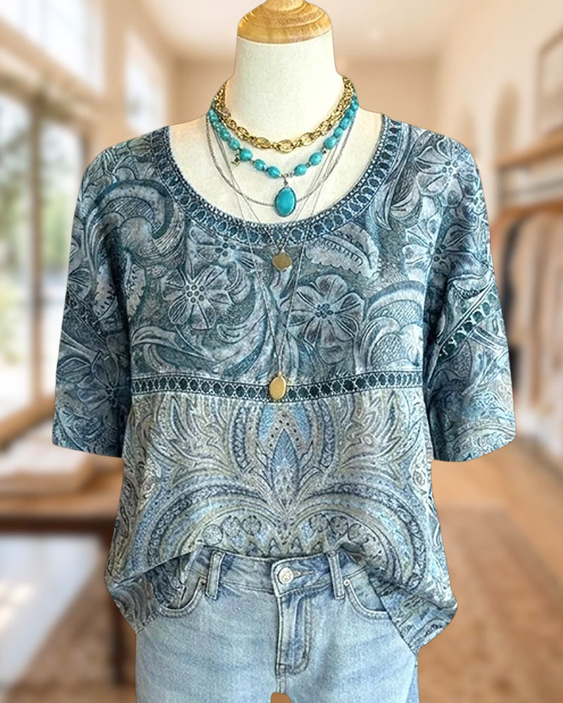 Boho Print Half Sleeve Scoop Neck Embroidered Trim Loose Blouse