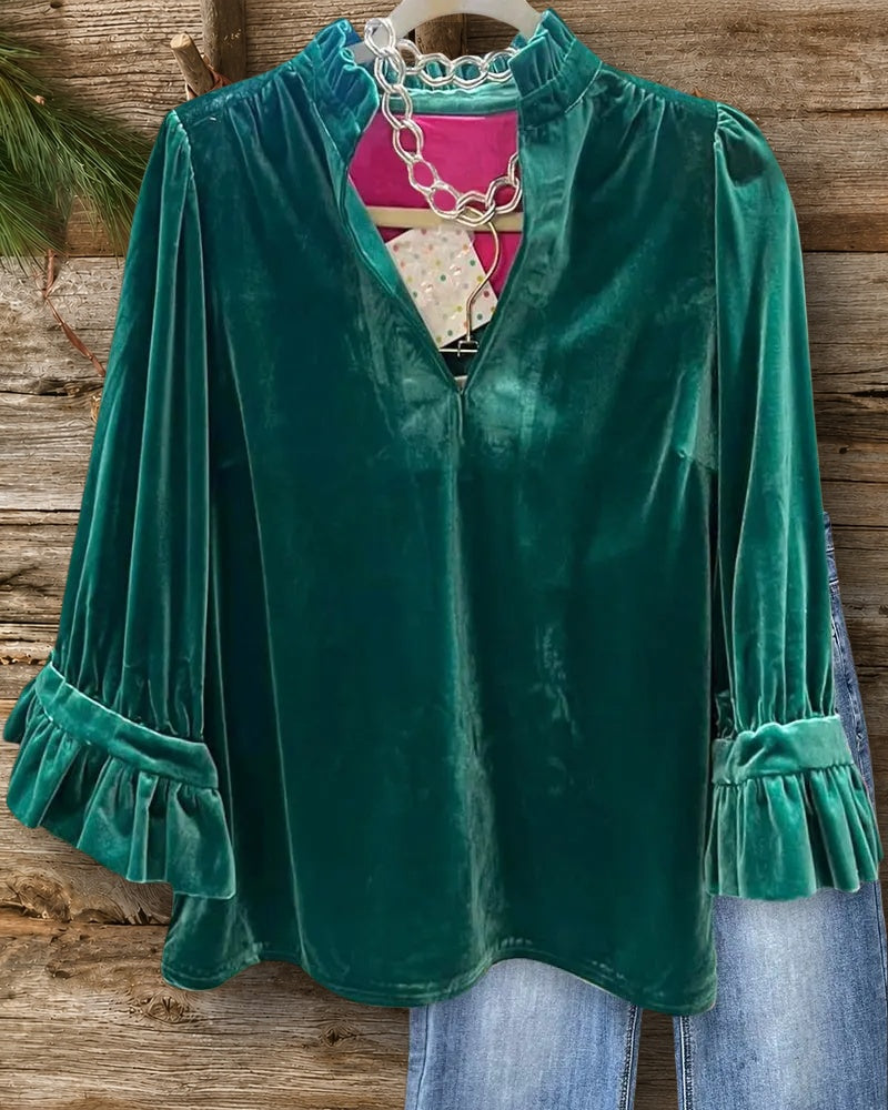 Solid Color Velvet Elegant Ruffle Sleeve Blouse